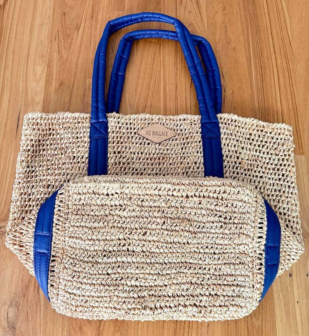 MZ Wallace Raffia Tote Bag Blue Leather Trim Straw Handbag New Without Tags